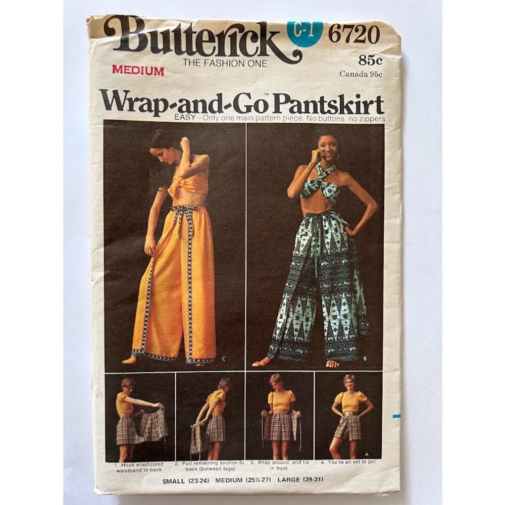 Butterick pattern #6720 vintage 1970's wrap pant skirt flared top scarf